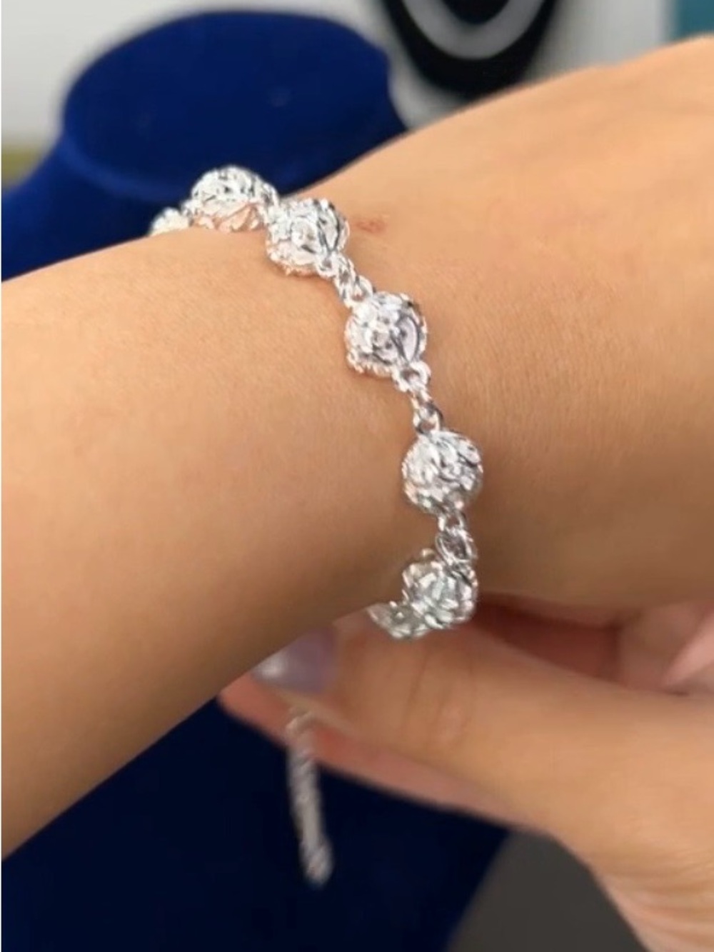 🌹 925 Sterling Silver Rose Link Bracelet – 8”